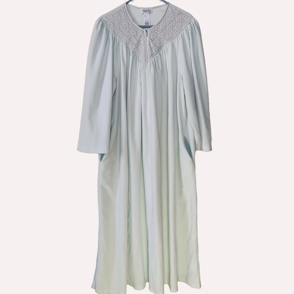 Vtg Vanity Fair Velour Robe Zip Front Mint Green Sz XXL Lace Neckline Cozy Chic
